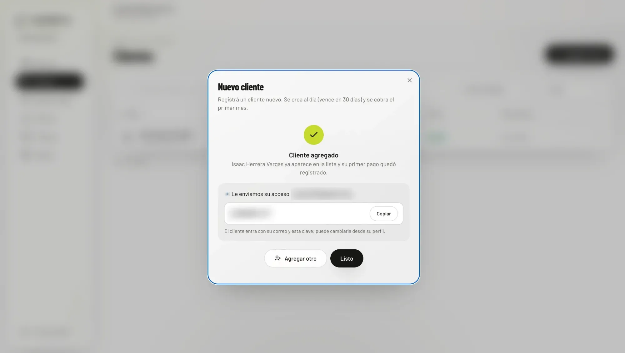 Panel de administración: alta de cliente